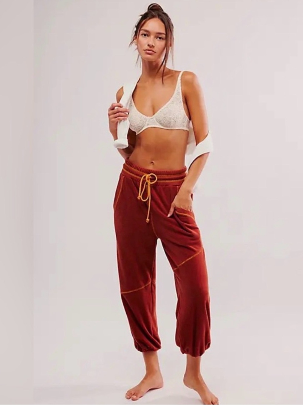 Free People Arabian Red/orange Stitch Detail Joggers